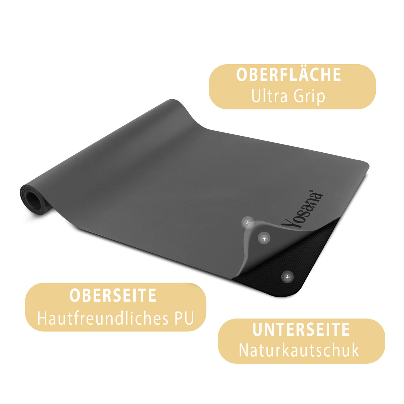 Yogamatte Studioline Ultra-Grip "Grau" inkl. Tragegurt - YOSANA