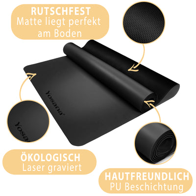 Yogamatte Studioline Ultra-Grip "Schwarz" inkl. Tragegurt - YOSANA