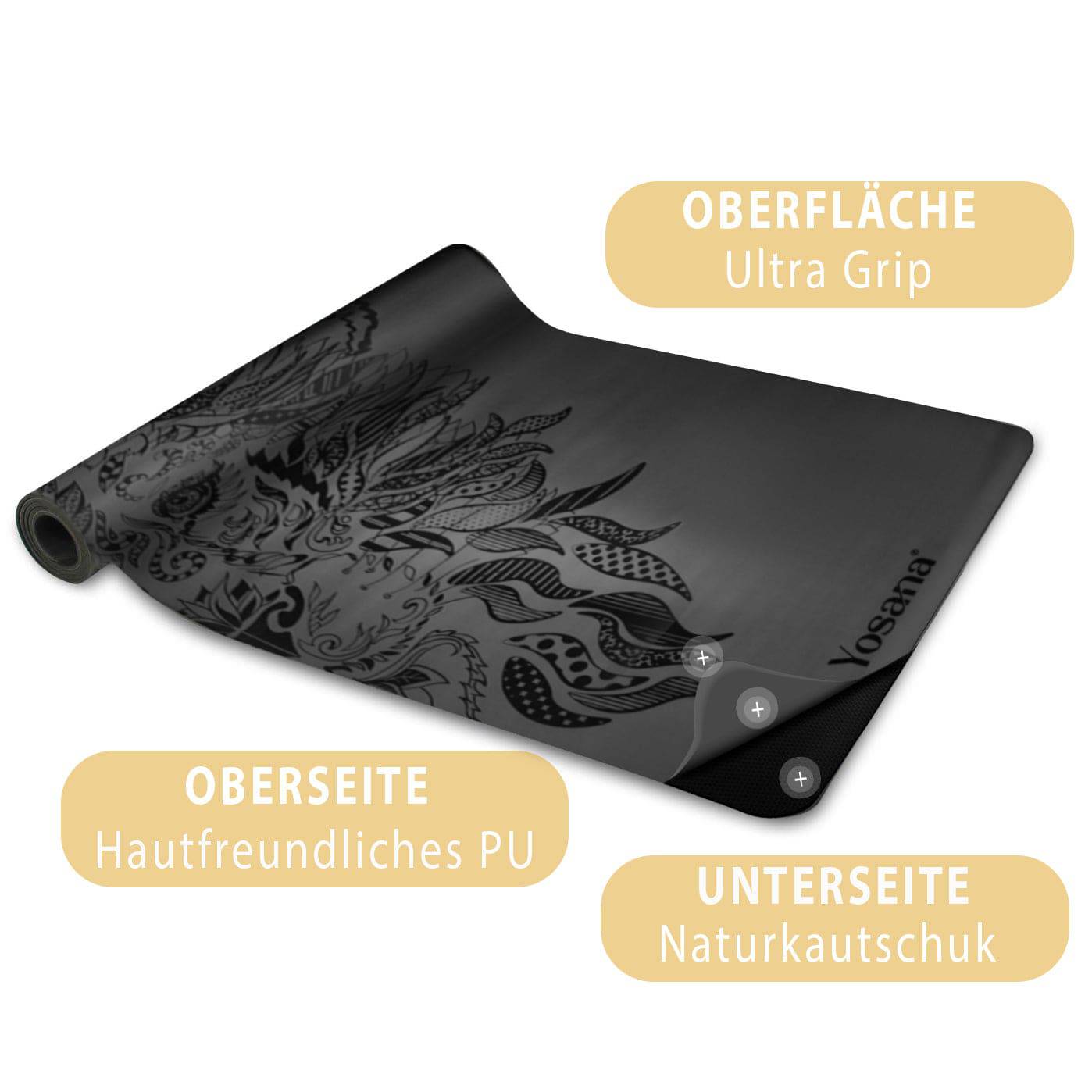Yogamatte Naturkautschuk Ultra Grip Yosana schwarz Löwe extrem rutschfest Österreich Testsieger 2023