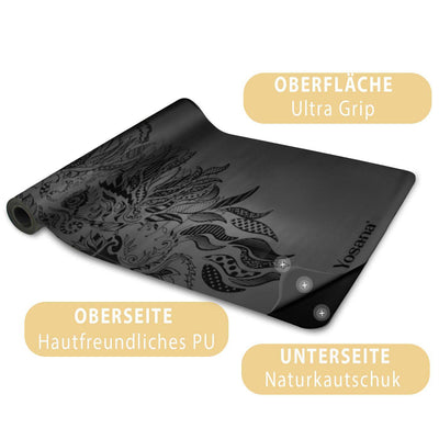 Yogamatte Naturkautschuk Ultra Grip Yosana schwarz Löwe extrem rutschfest Österreich Testsieger 2023