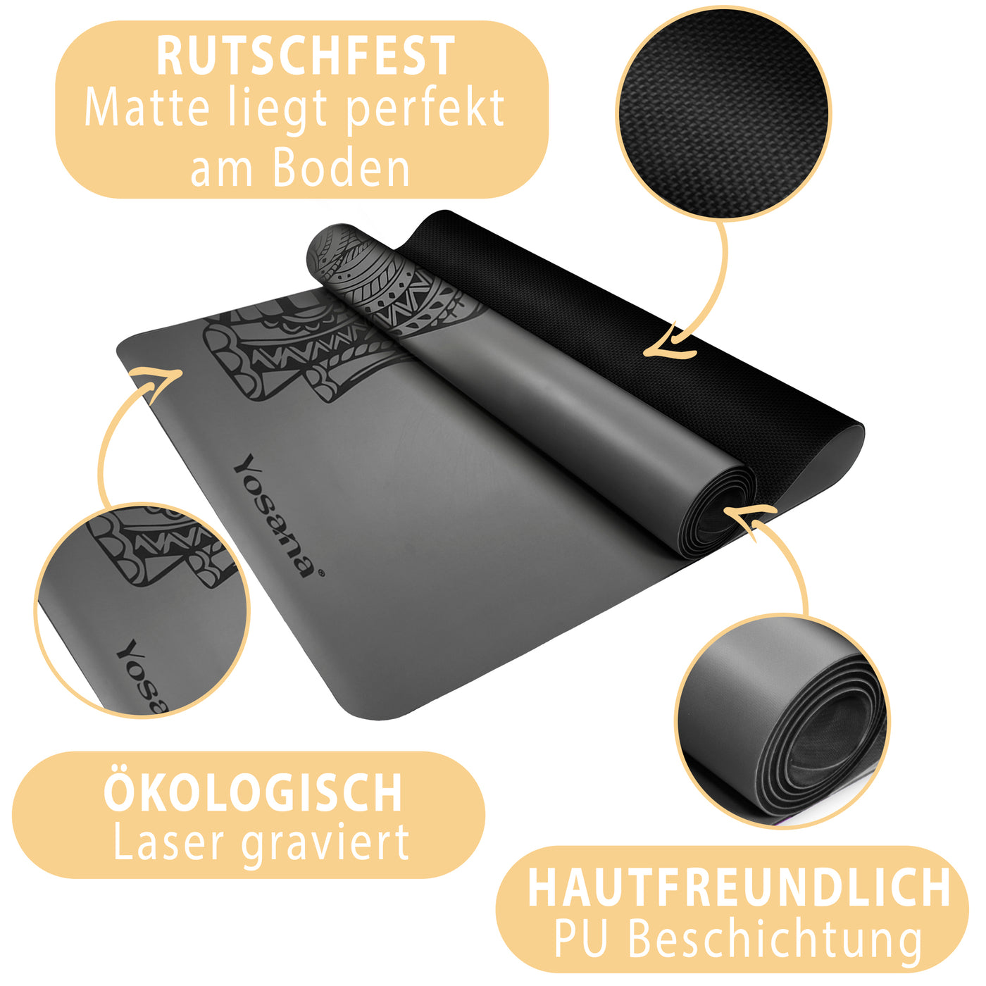 Yogamatte Studioline Ultra-Grip "Grau Elefant" inkl. Tragegurt