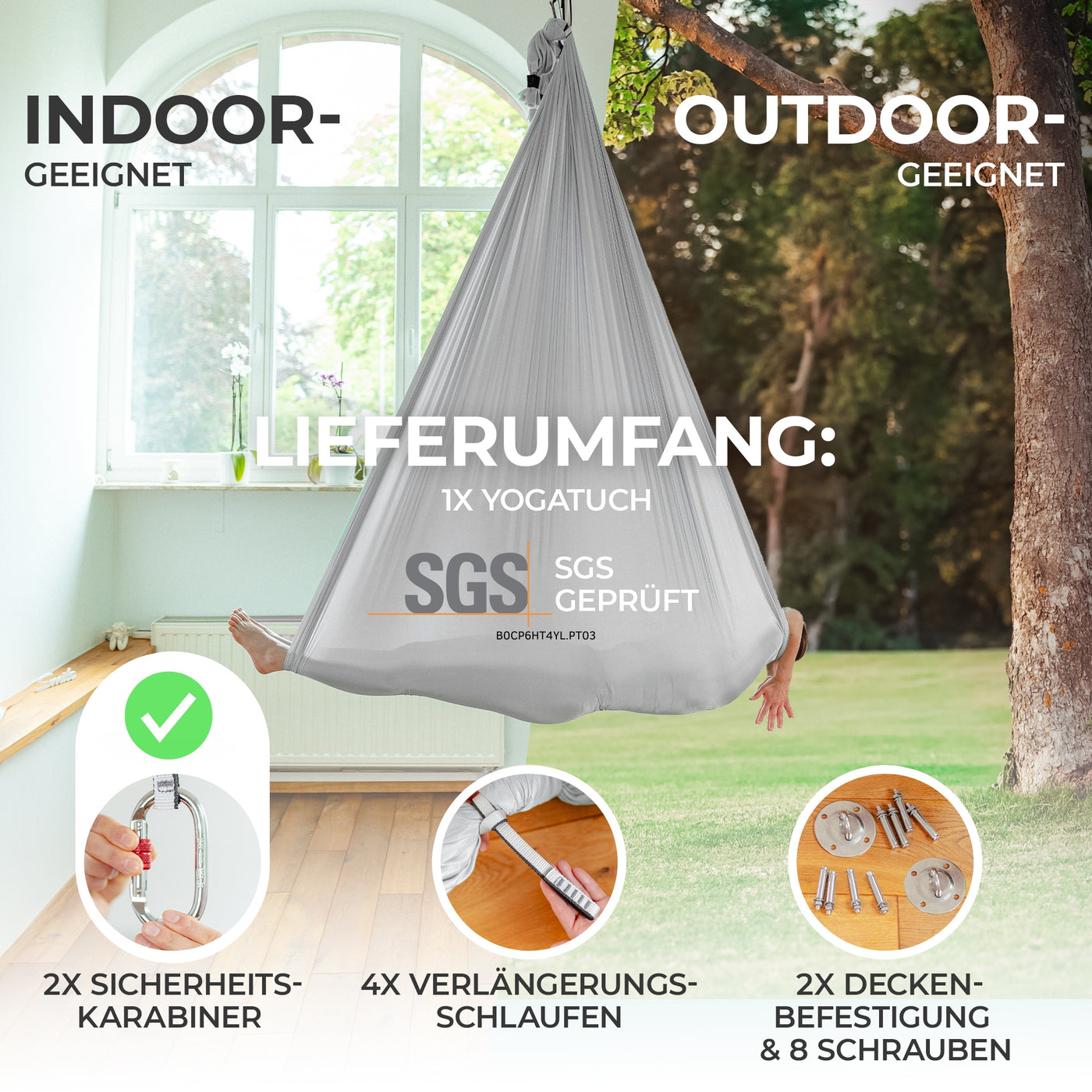 Aerial Yoga Hängematte (6er Pack) - Silbergrau - YOSANA
