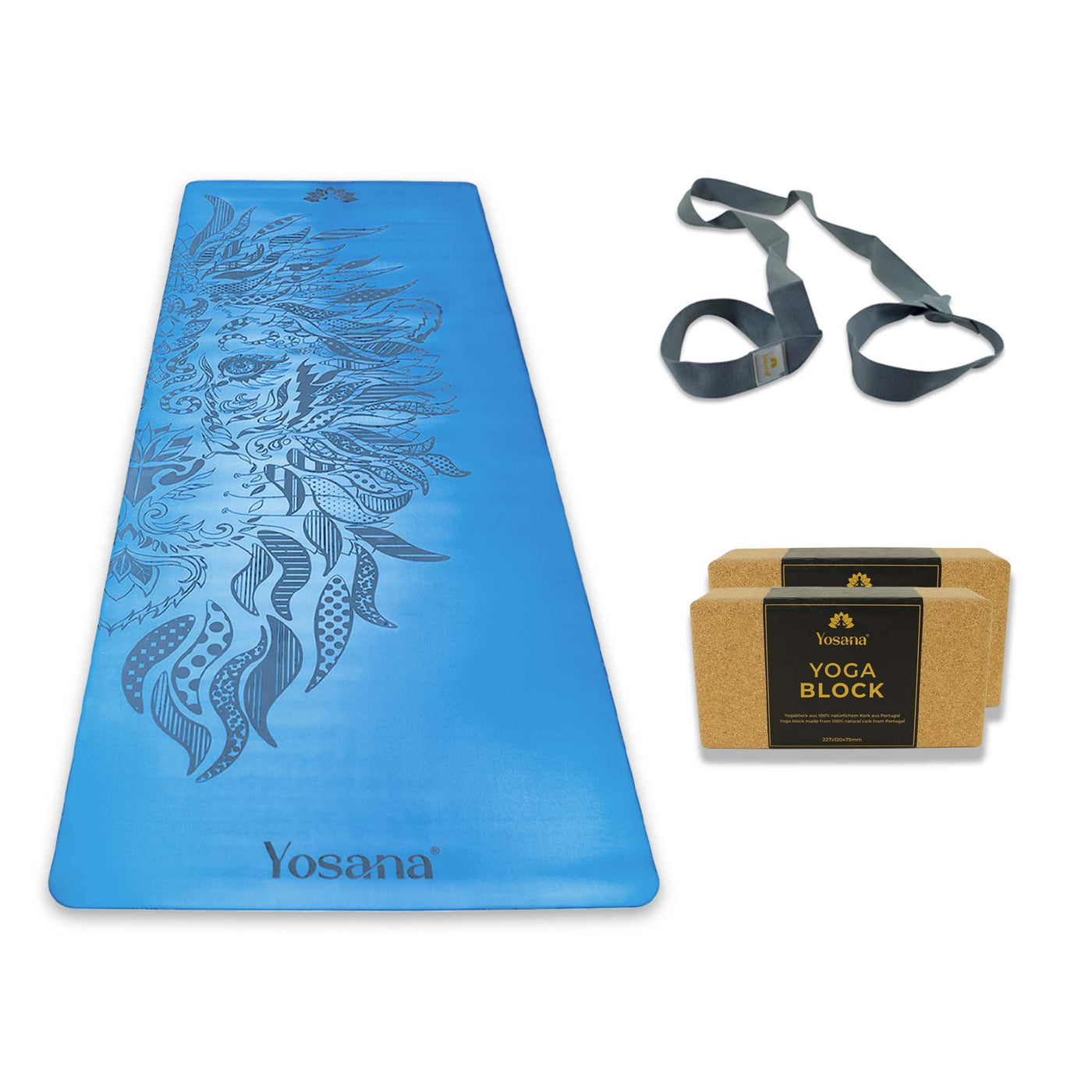 Yoga Aktionsset 4-teilig, Studioline Ultragrip "Löwe Blau" - YOSANA