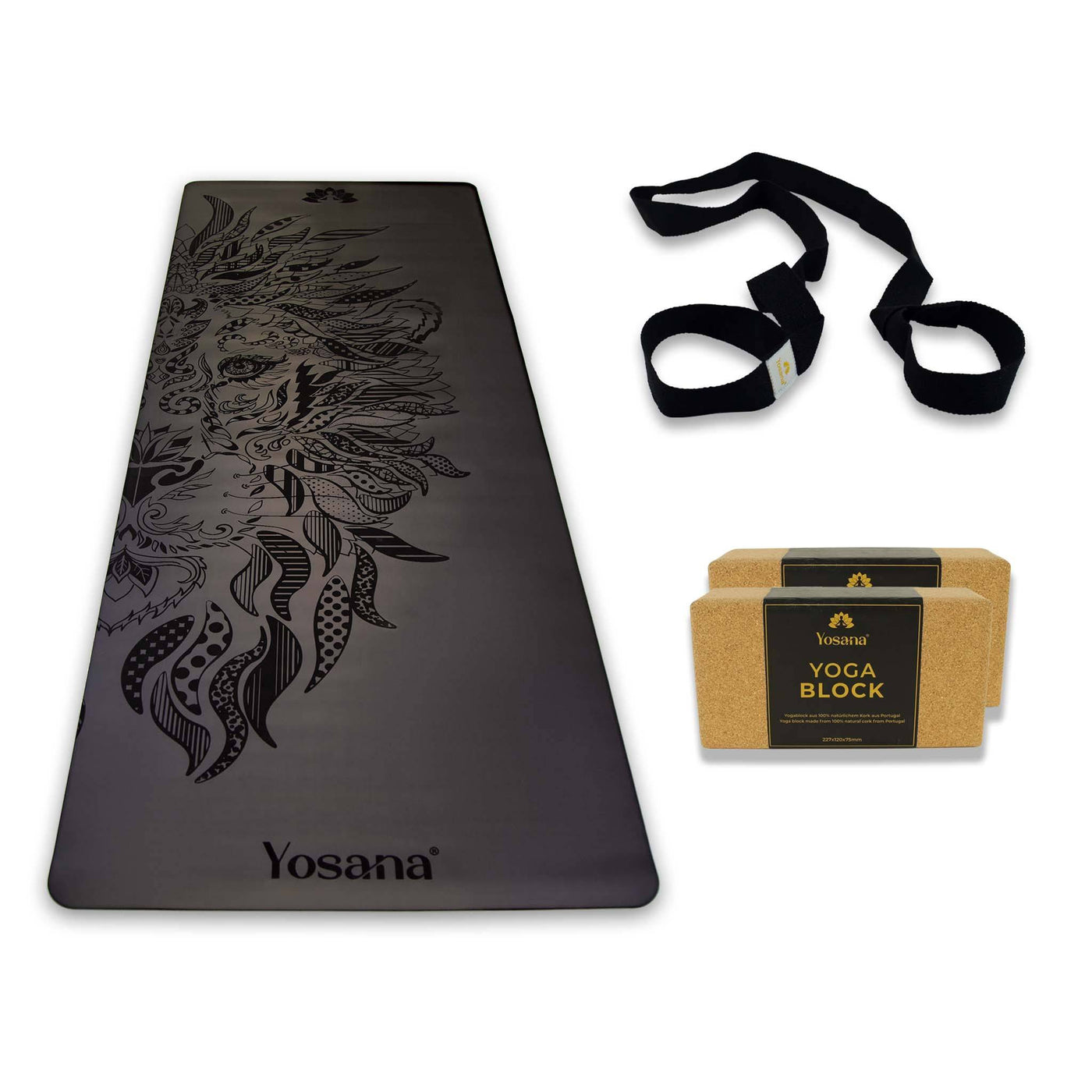 Yogamatte Naturkautschuk Ultra Grip Yosana schwarz Löwe extrem rutschfest Österreich Testsieger 2023